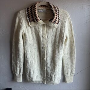 Vtg Garland Cable Knit Cardigan Crocheted Collar Cottagecore Grannycore Sz S